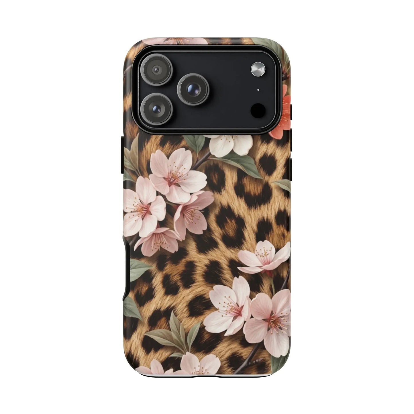 Leopard Floral Tough Case — Protective Phone Case with Pink Cherry Blossoms by Printify