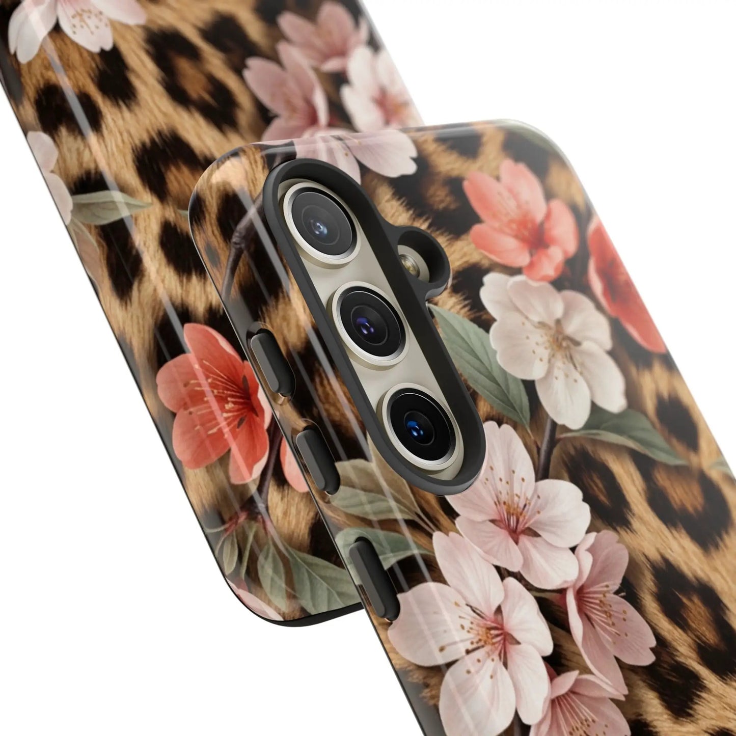 Leopard Floral Tough Case — Protective Phone Case with Pink Cherry Blossoms by Printify