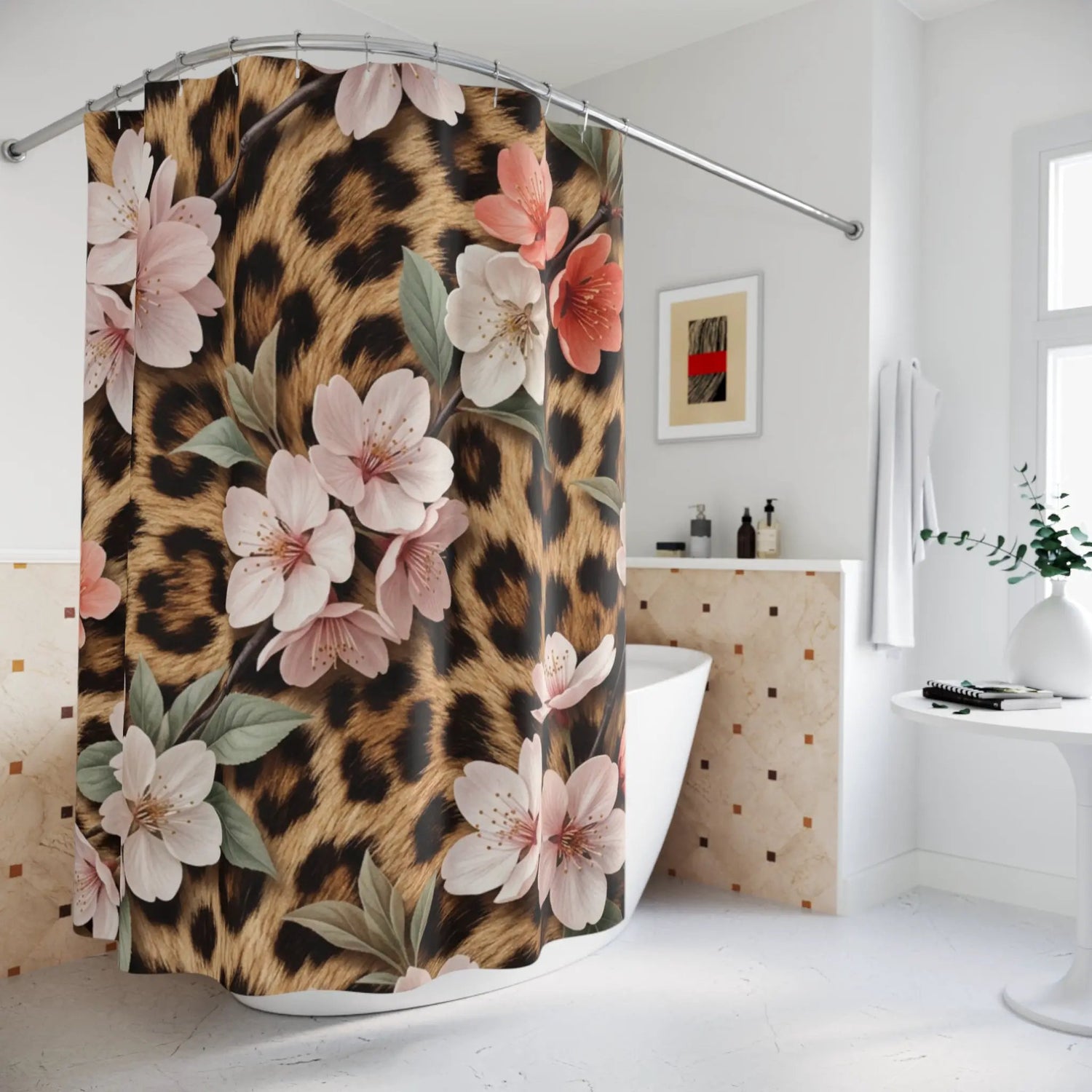 Floral Leopard Shower Curtain — Chic Animal Print Floral Bathroom Decor by Printify