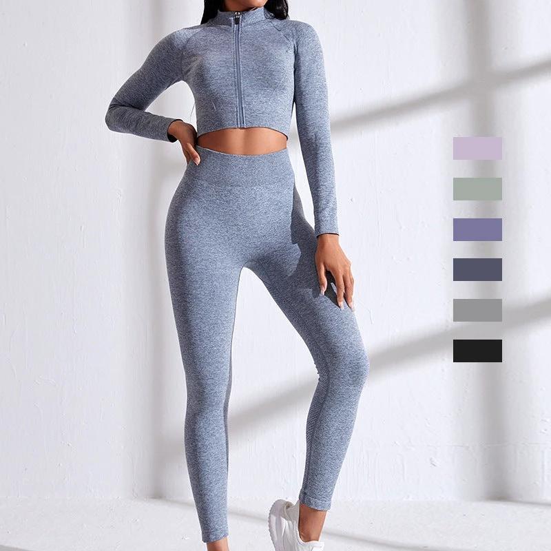 Seamless Yoga Clothes Zipper Tight Long Sleeve High Top Sports Workout Clothes Suit by GJG Denim