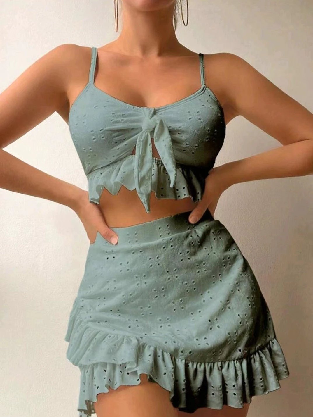 3pcs Beach Bikini With Hip-hugging Skirt Fashion Ruffle Design Swimsuit Set Summer Womens Clothing by GJG Denim