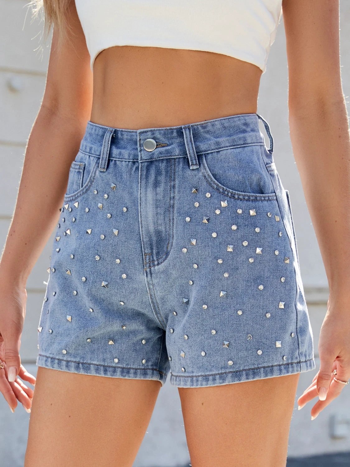Rhinestone Washed High Waist Denim Shorts by Lady Ros