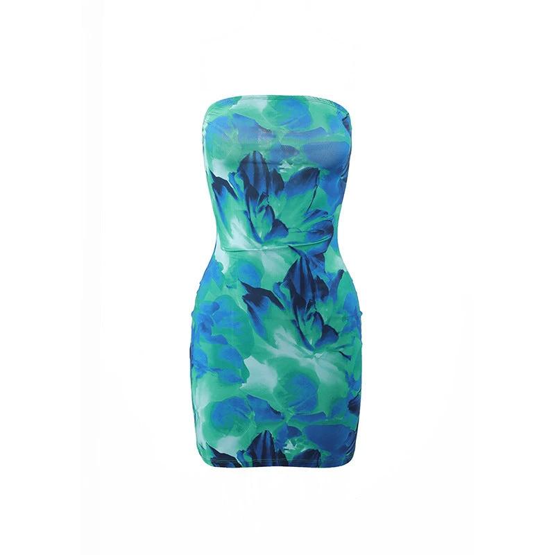 Women's Tube Top Flower Print Slim Sheath Short Dress by GJG Denim