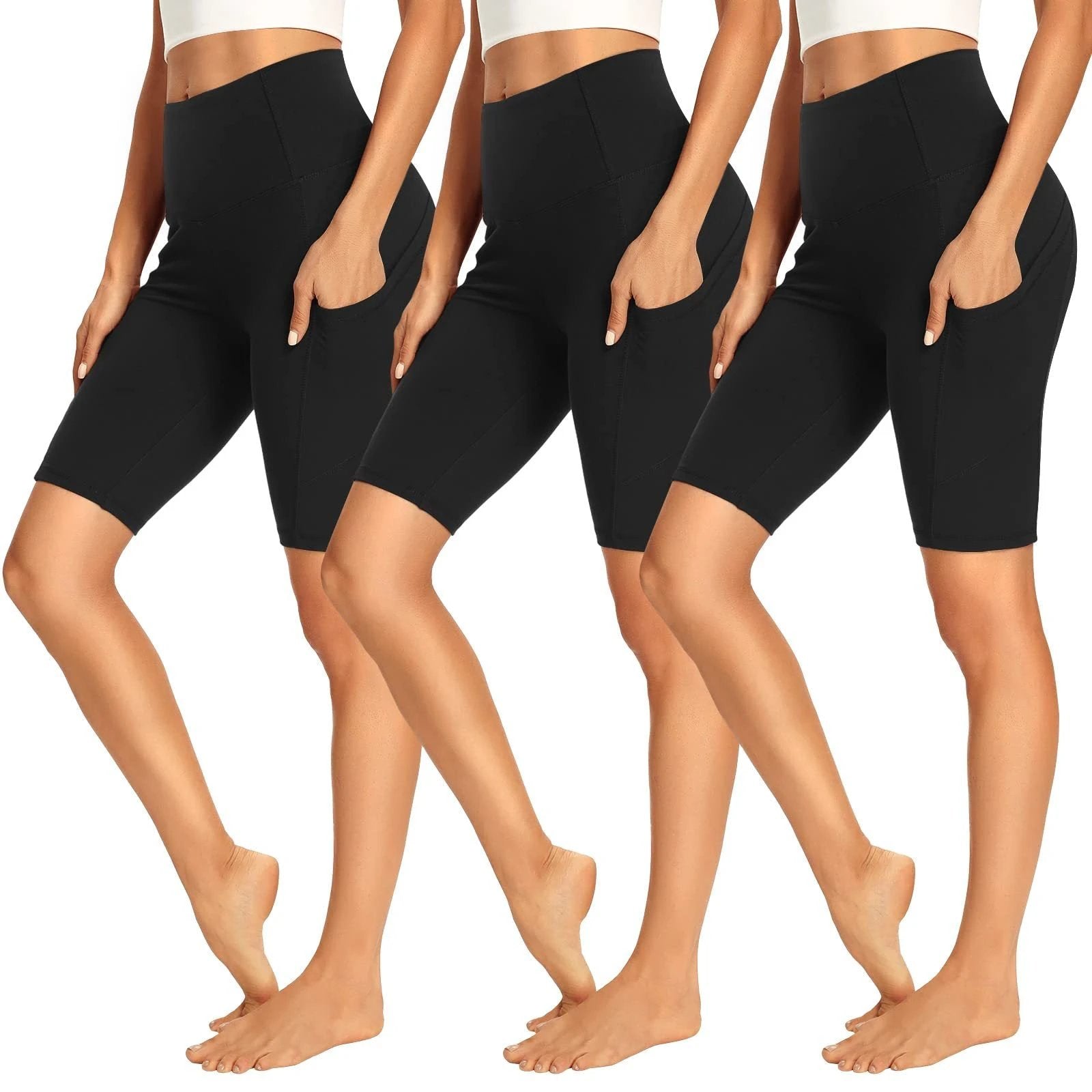 3 Pack Biker Shorts For Women High Waist With Pockets - '' Summer Tummy Control Spandex Workout Running Yoga Shorts by GJG Denim
