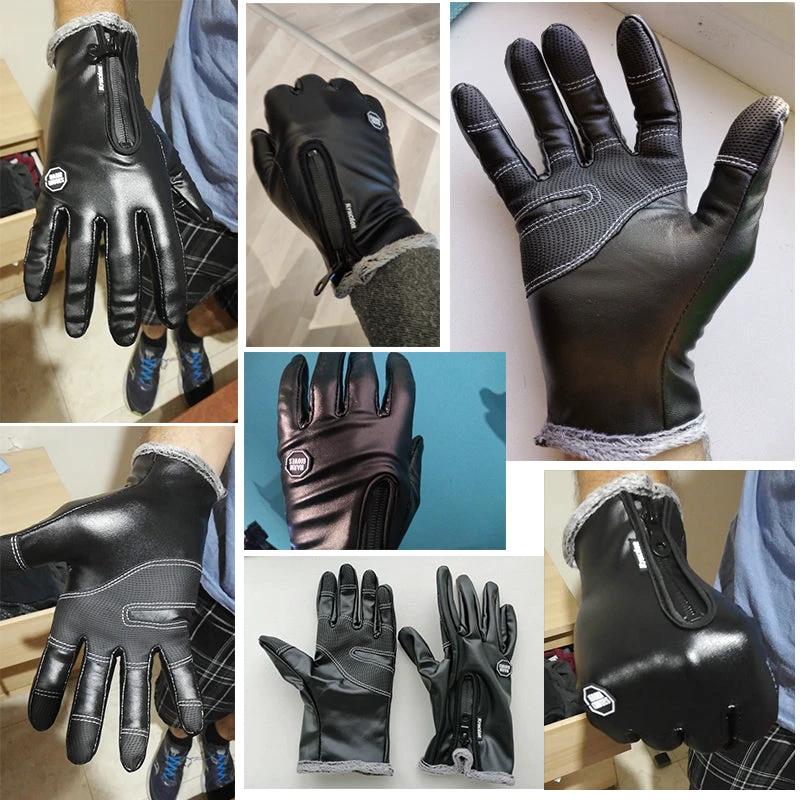 Windproof And Waterproof Zipper Faux Leather Gloves by GJG Denim