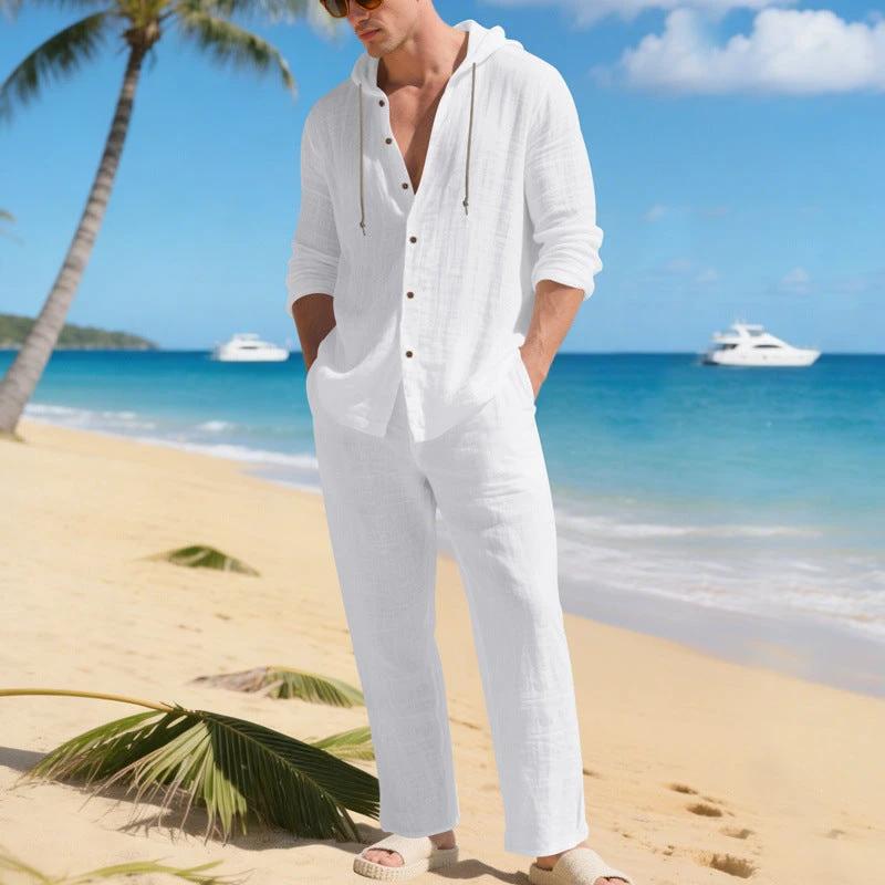 Loose, Breathable Linen Casual Hooded Long-sleeve Shirt And Pants Set by GJG Denim