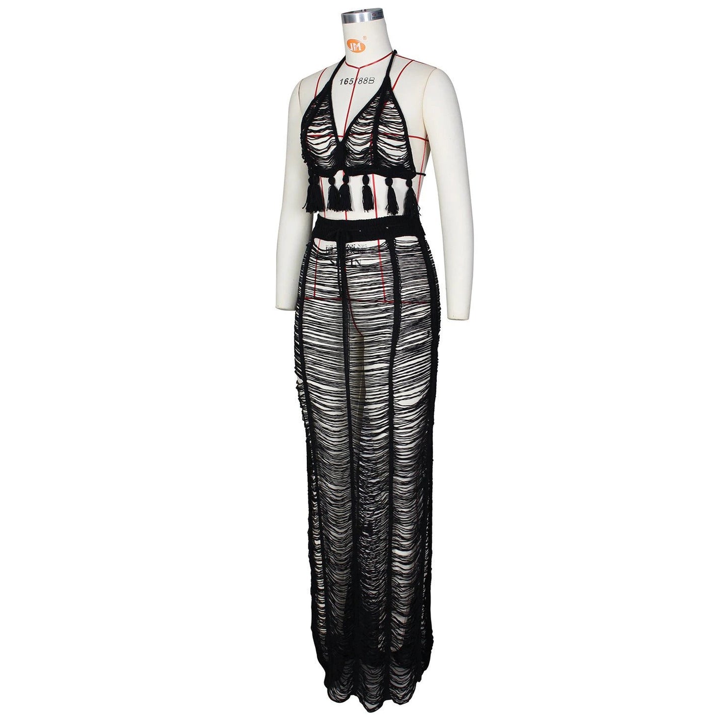 See-through Tassel Knitted Beach Skirt Suit by GJG Denim