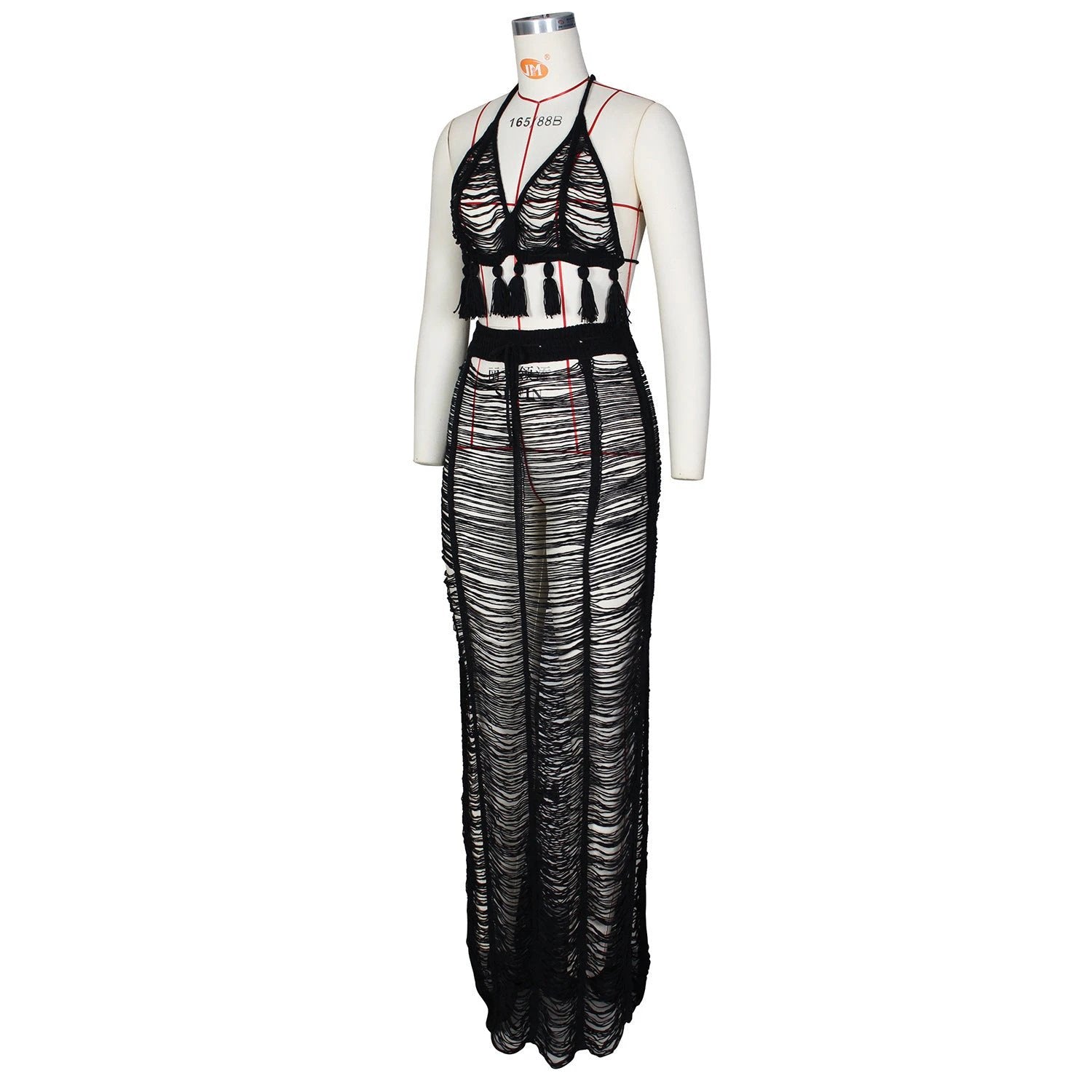 See-through Tassel Knitted Beach Skirt Suit by GJG Denim