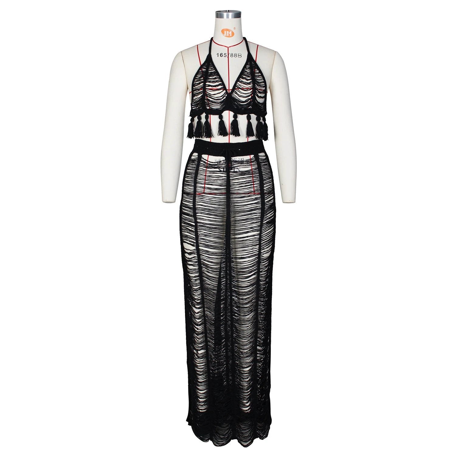 See-through Tassel Knitted Beach Skirt Suit by GJG Denim