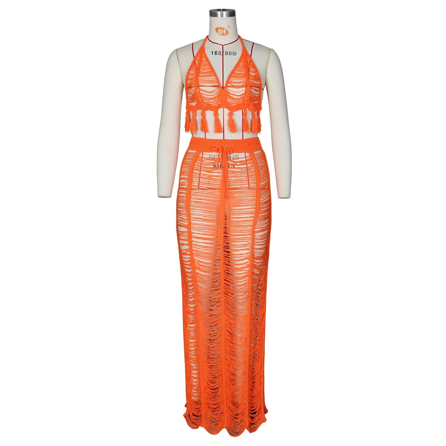 See-through Tassel Knitted Beach Skirt Suit by GJG Denim