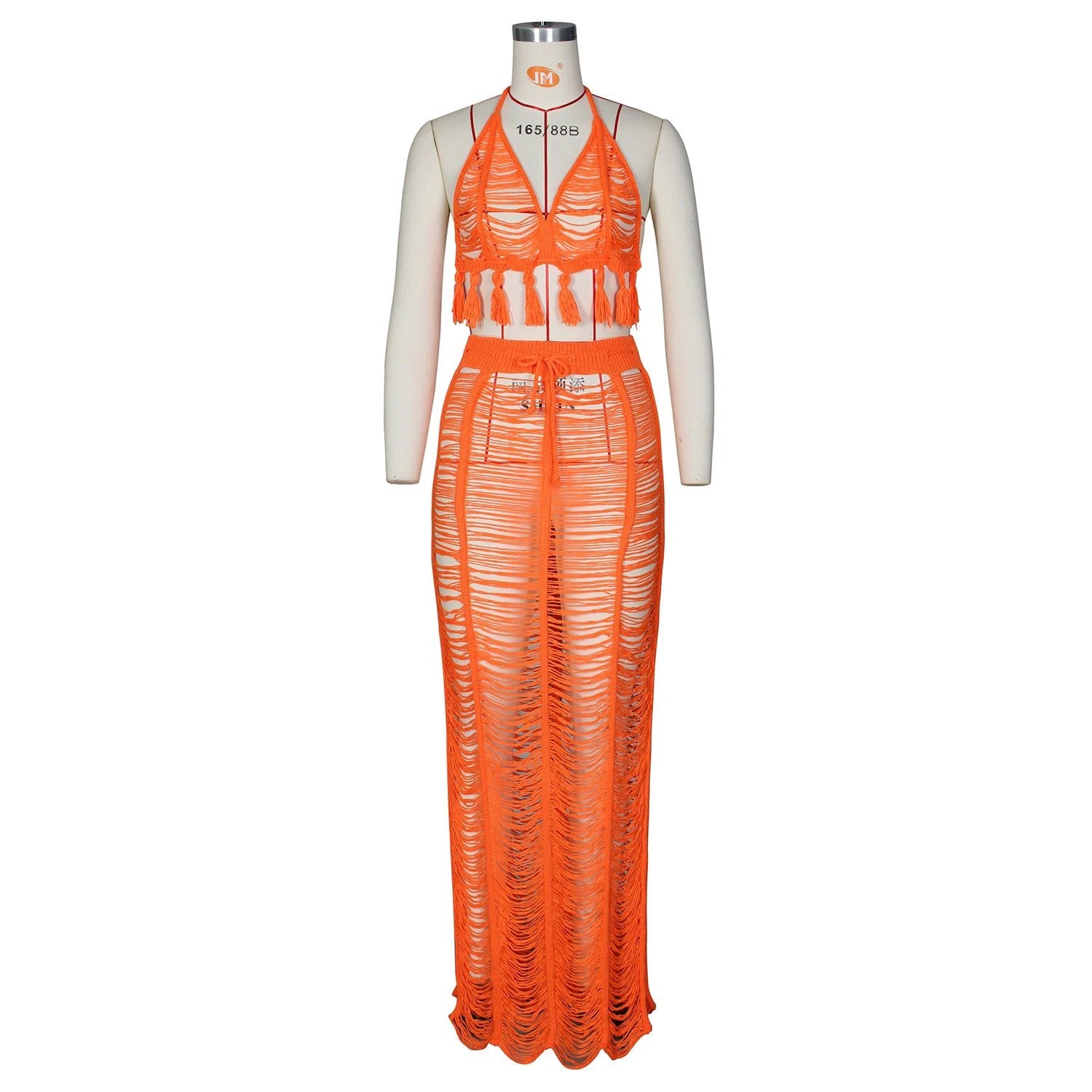 See-through Tassel Knitted Beach Skirt Suit by GJG Denim