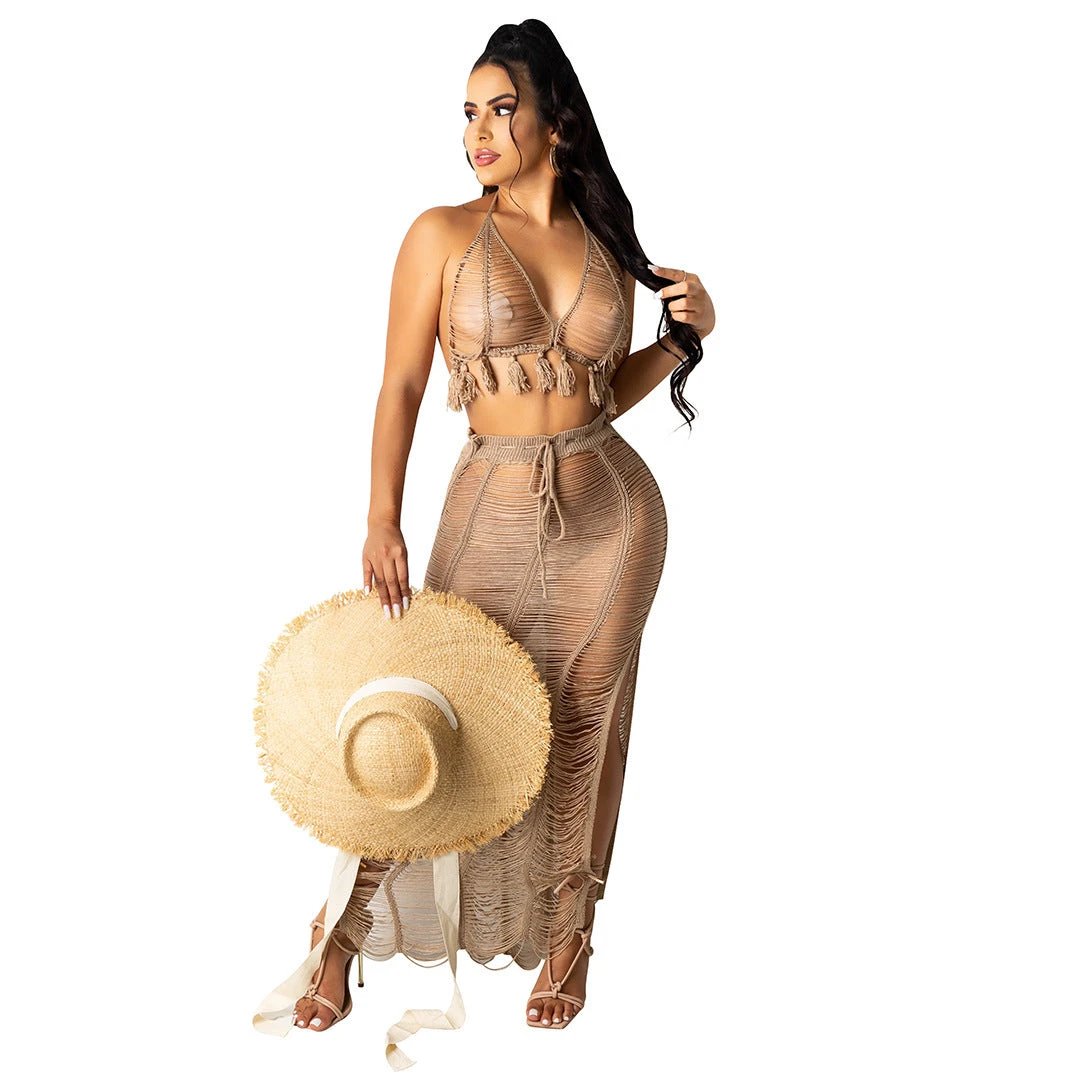 See-through Tassel Knitted Beach Skirt Suit by GJG Denim