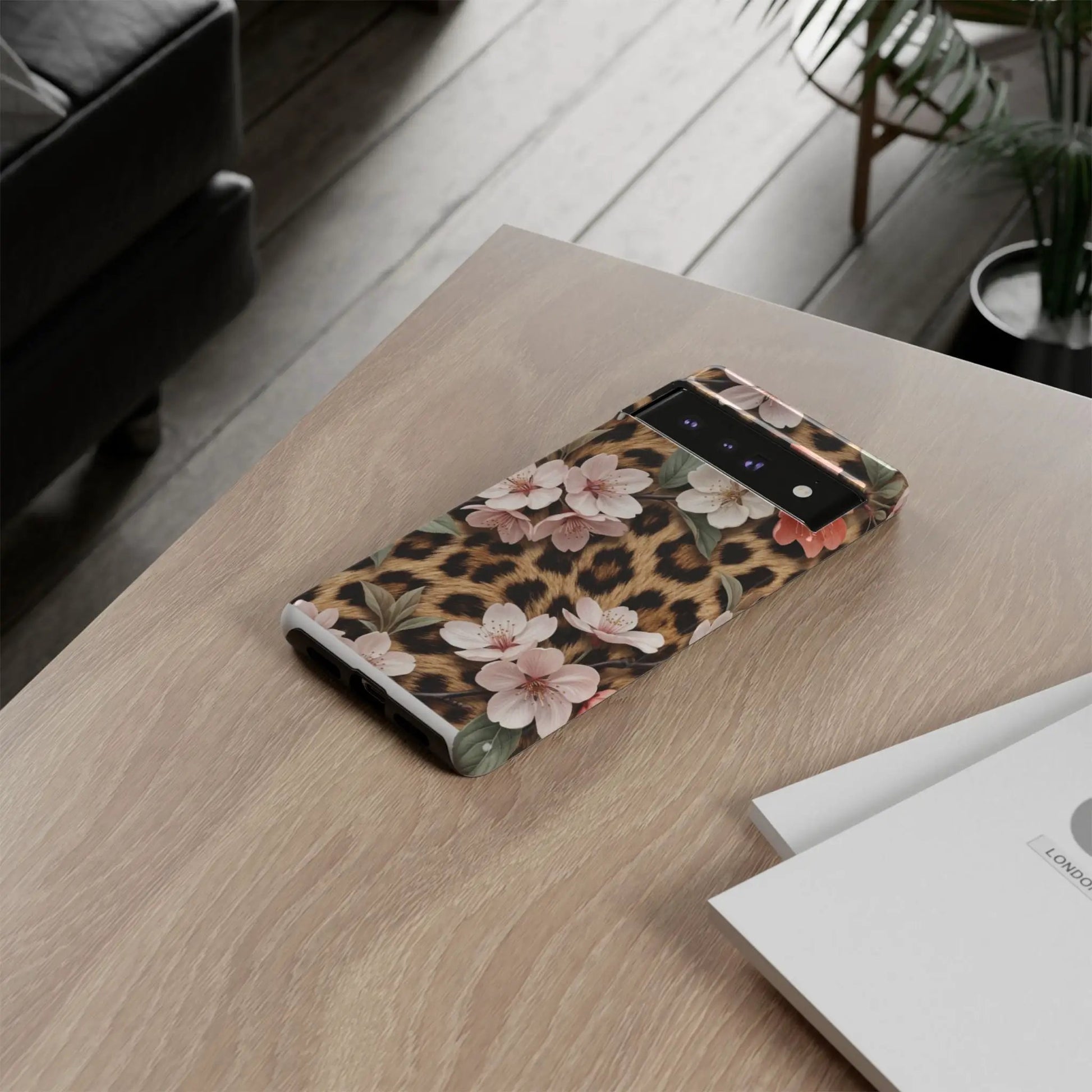 Leopard Floral Tough Case — Protective Phone Case with Pink Cherry Blossoms by Printify