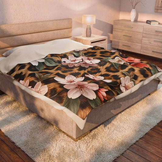 Leopard Floral Velveteen Plush Blanket — Soft Cozy Animal Print Throw by Printify