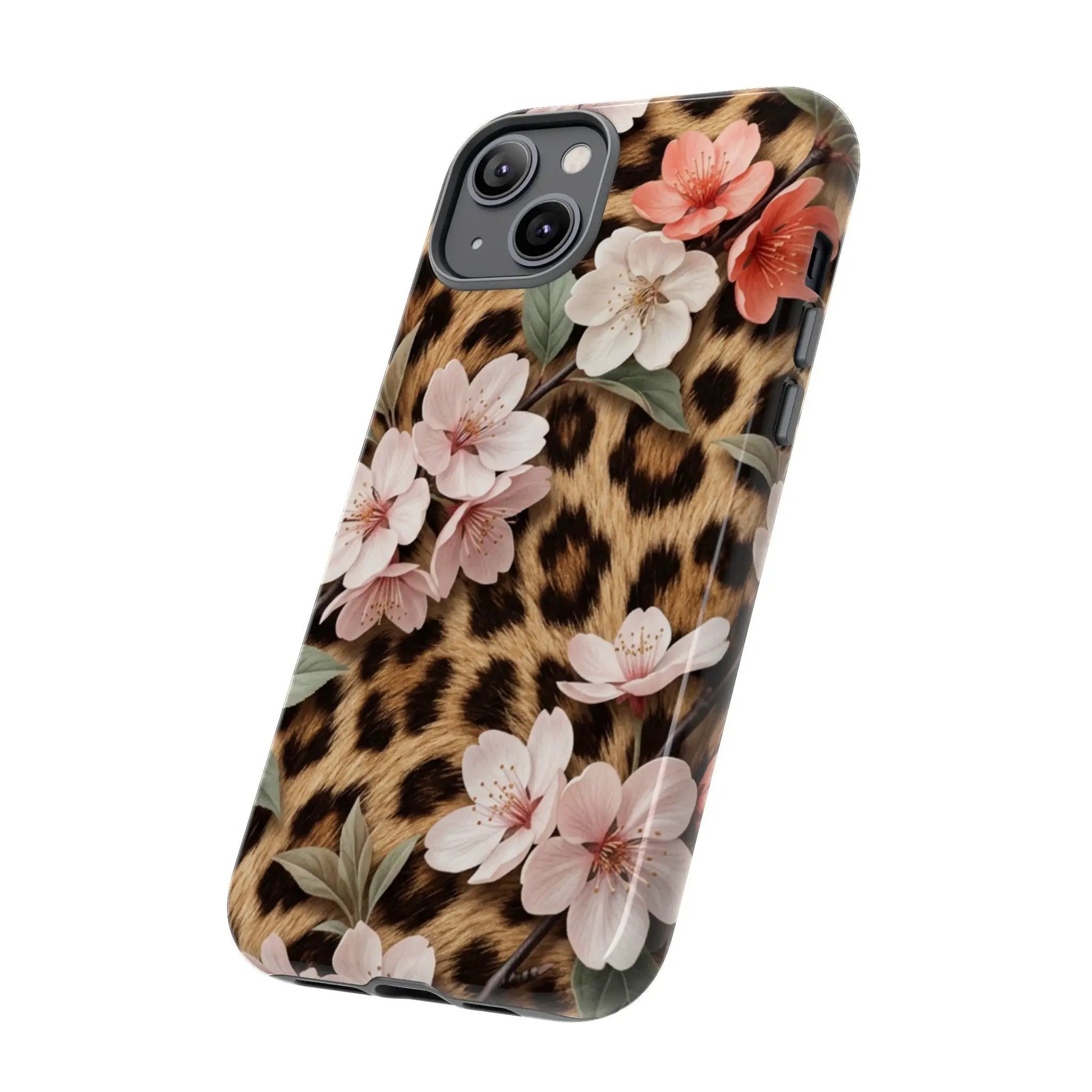 Leopard Floral Tough Case — Protective Phone Case with Pink Cherry Blossoms by Printify