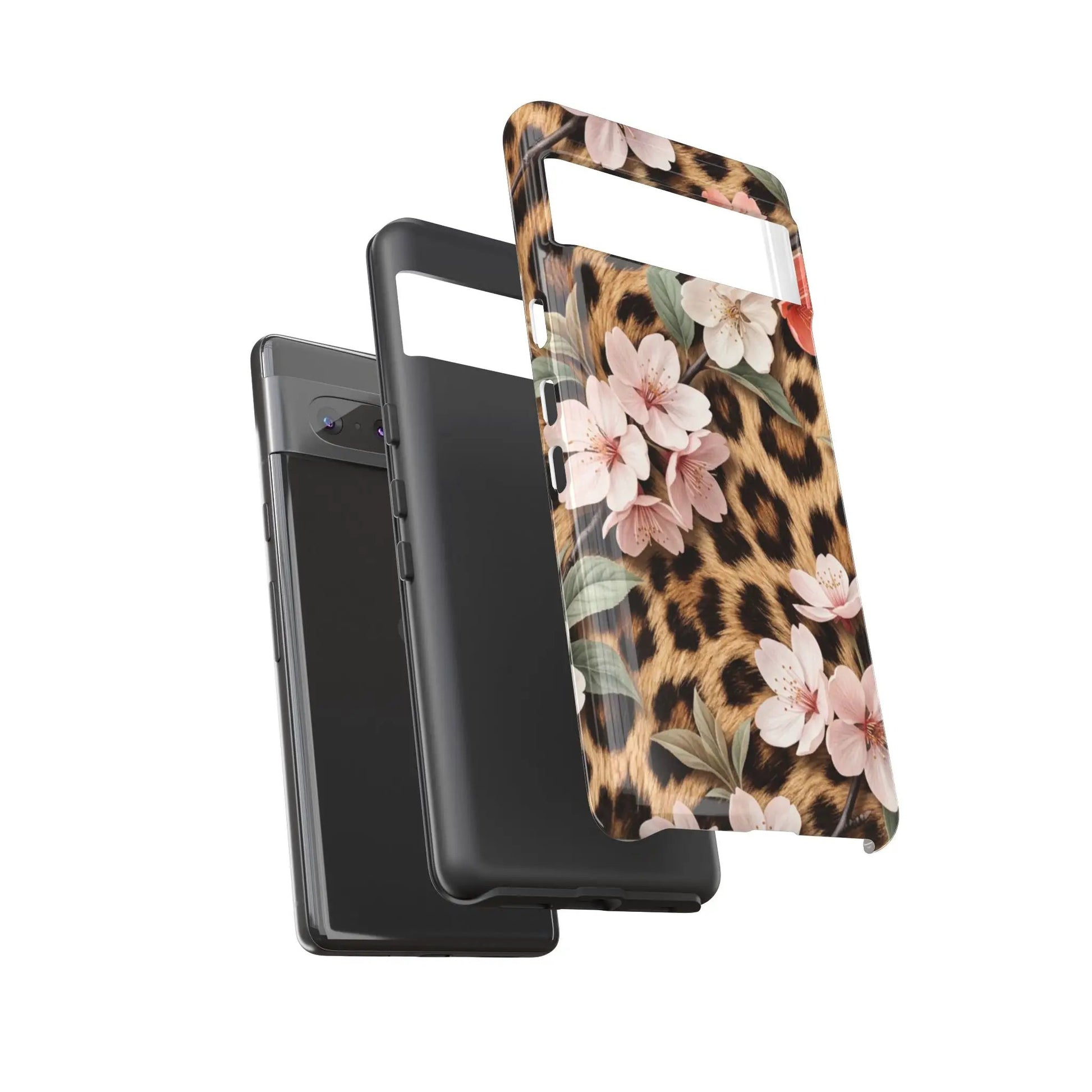 Leopard Floral Tough Case — Protective Phone Case with Pink Cherry Blossoms by Printify