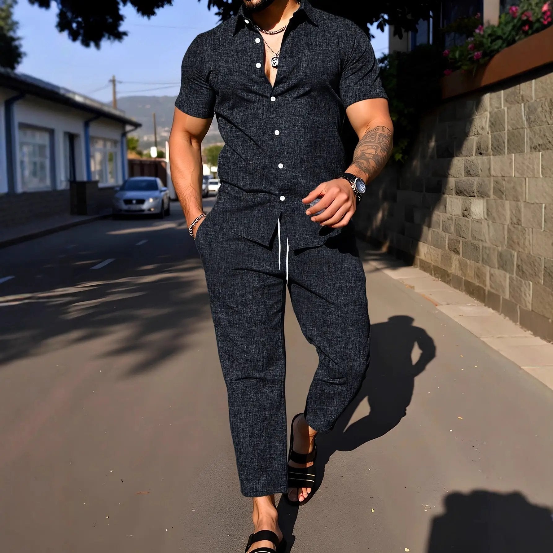 Short-sleeve Shirt And Trousers Casual Summer Set by GJG Denim