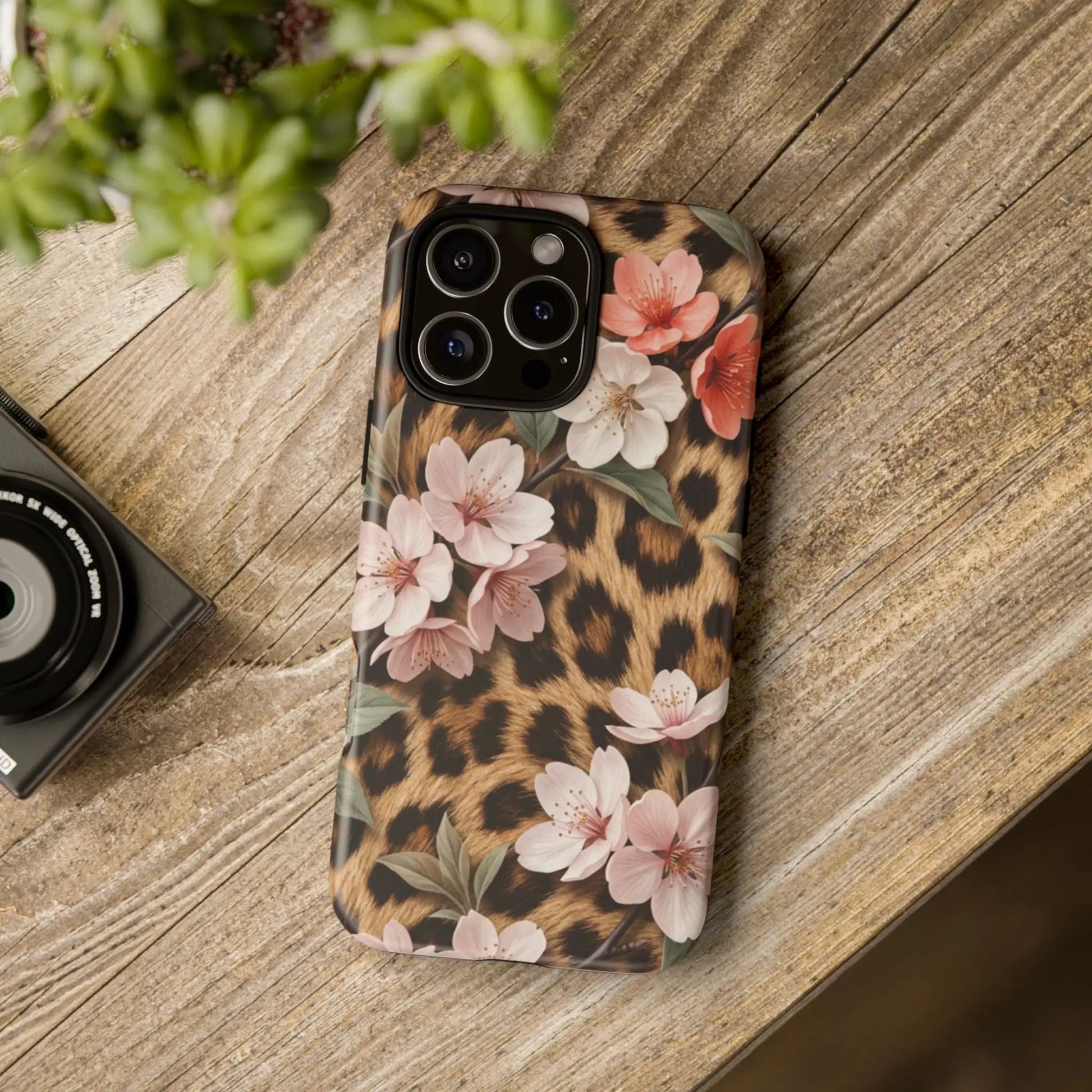Leopard Floral Tough Case — Protective Phone Case with Pink Cherry Blossoms by Printify