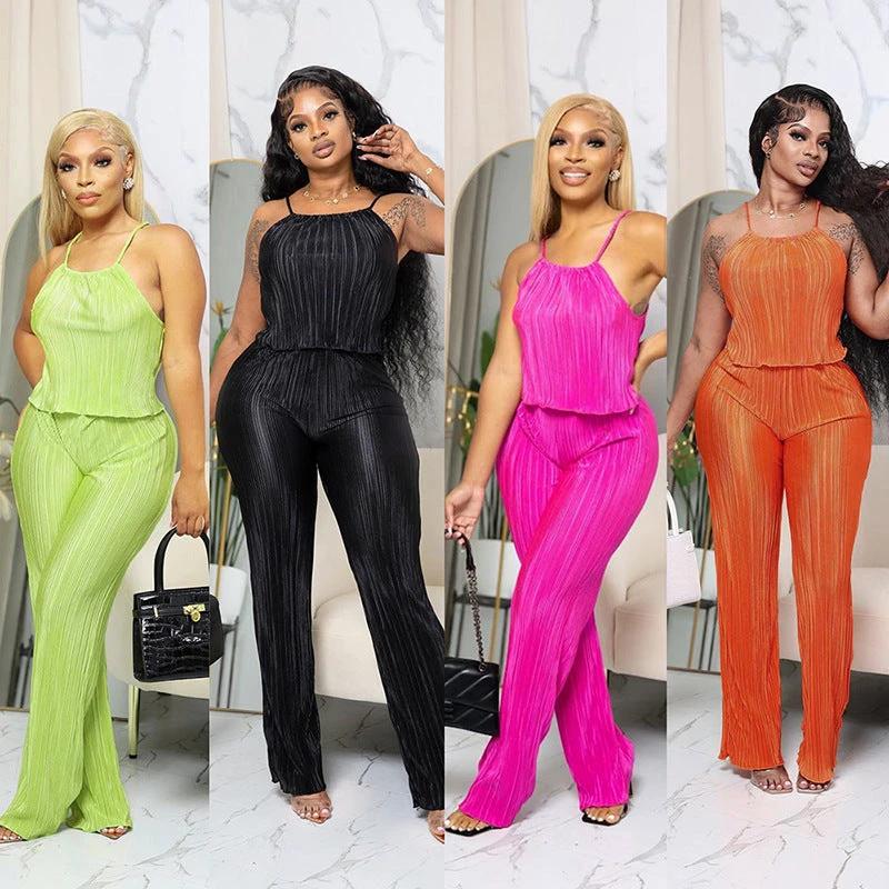 Summer New Pleated Solid Color Sling Top Wide Leg Trousers Casual Suit by GJG Denim