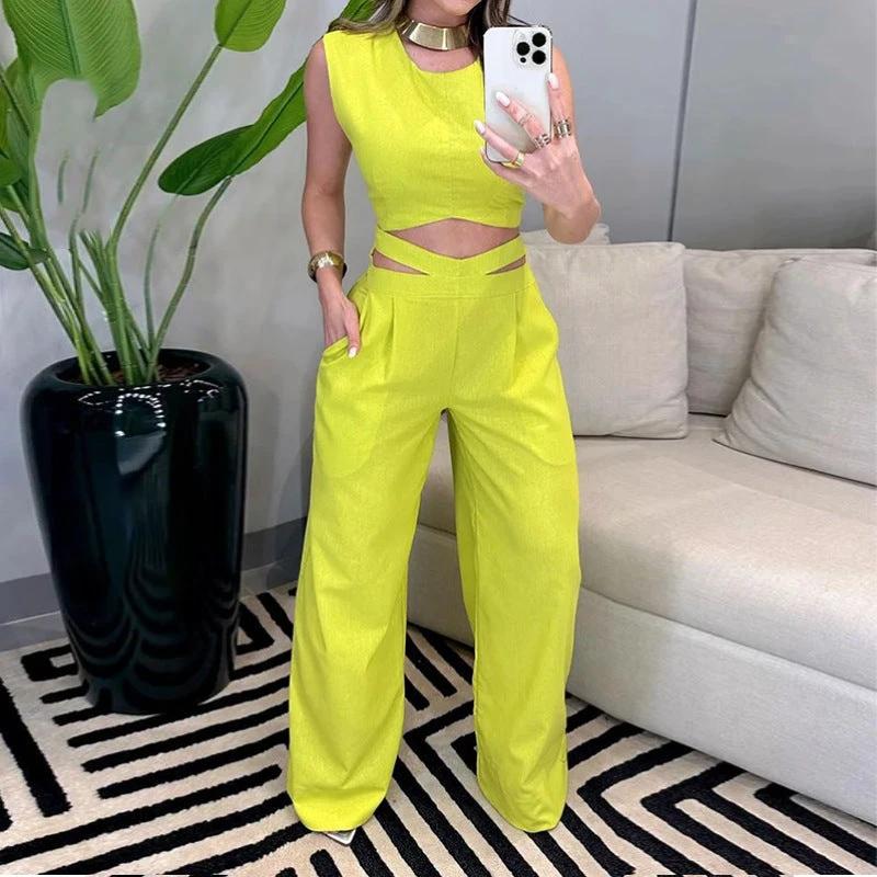 Backless Top Wide Leg Pants Yellow Set by GJG Denim