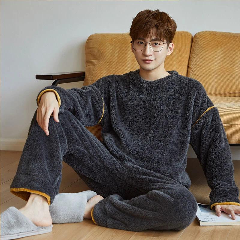 Men's Fleece-lined Thick Round Neck Loose Pajamas by GJG Denim