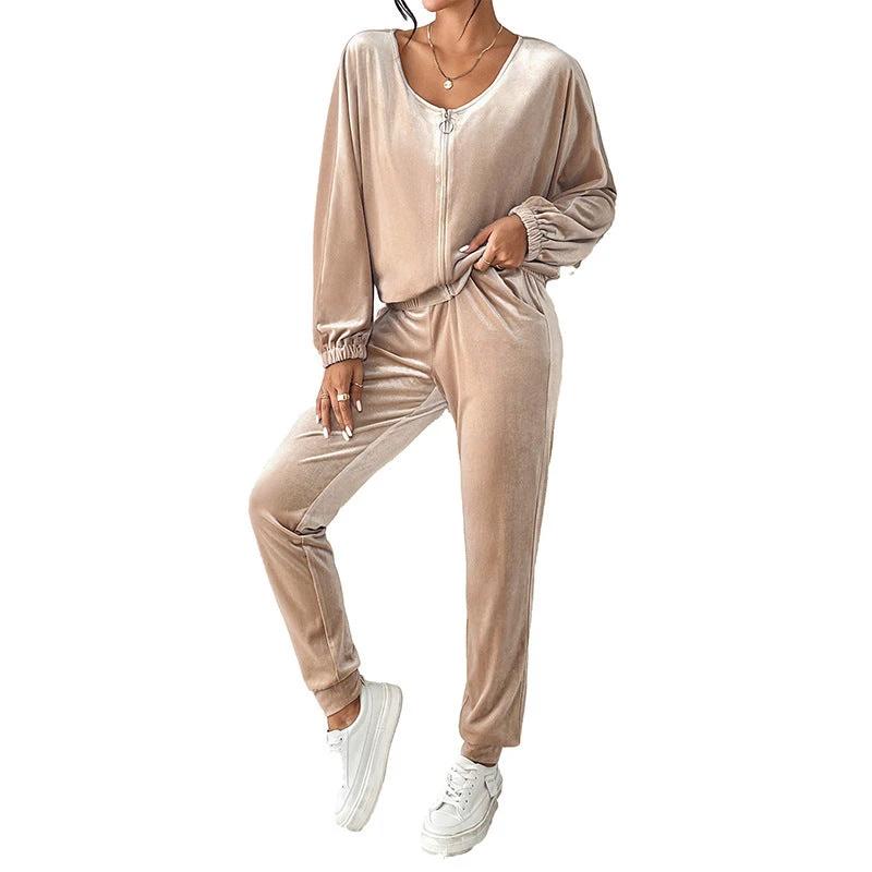 New Solid Color Velvet Casual Fashion Set Female Simple Versatile Home Two-piece Set Female by GJG Denim
