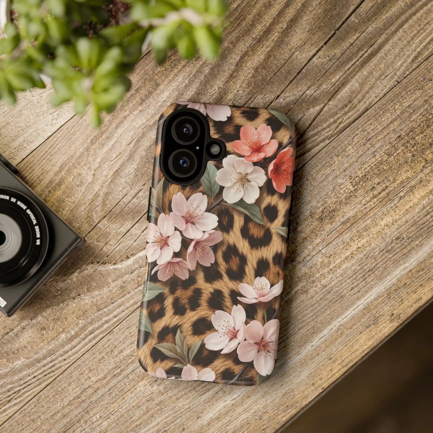 Leopard Floral Tough Case — Protective Phone Case with Pink Cherry Blossoms by Printify