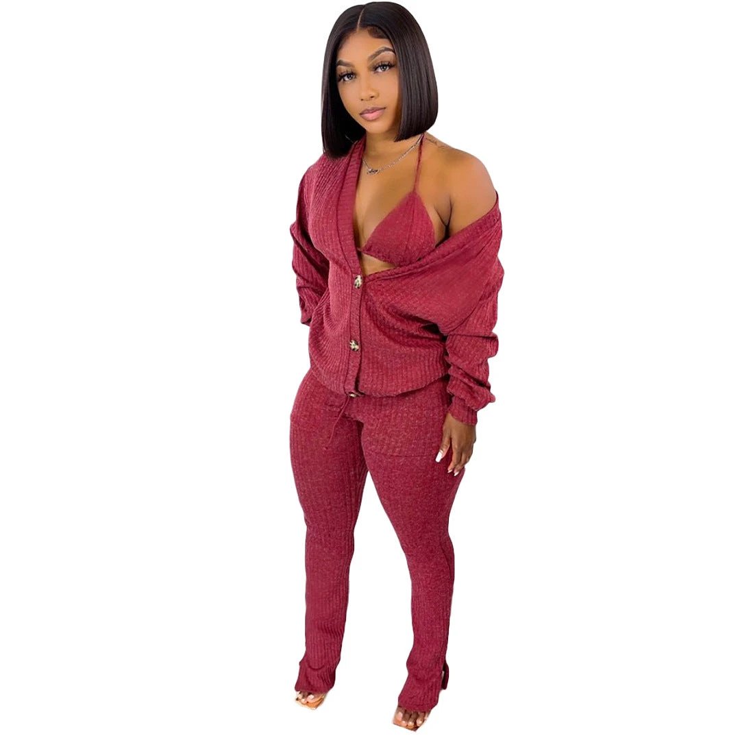 Sweater Coat Underwear Pocket 3-piece Set Suit by GJG Denim