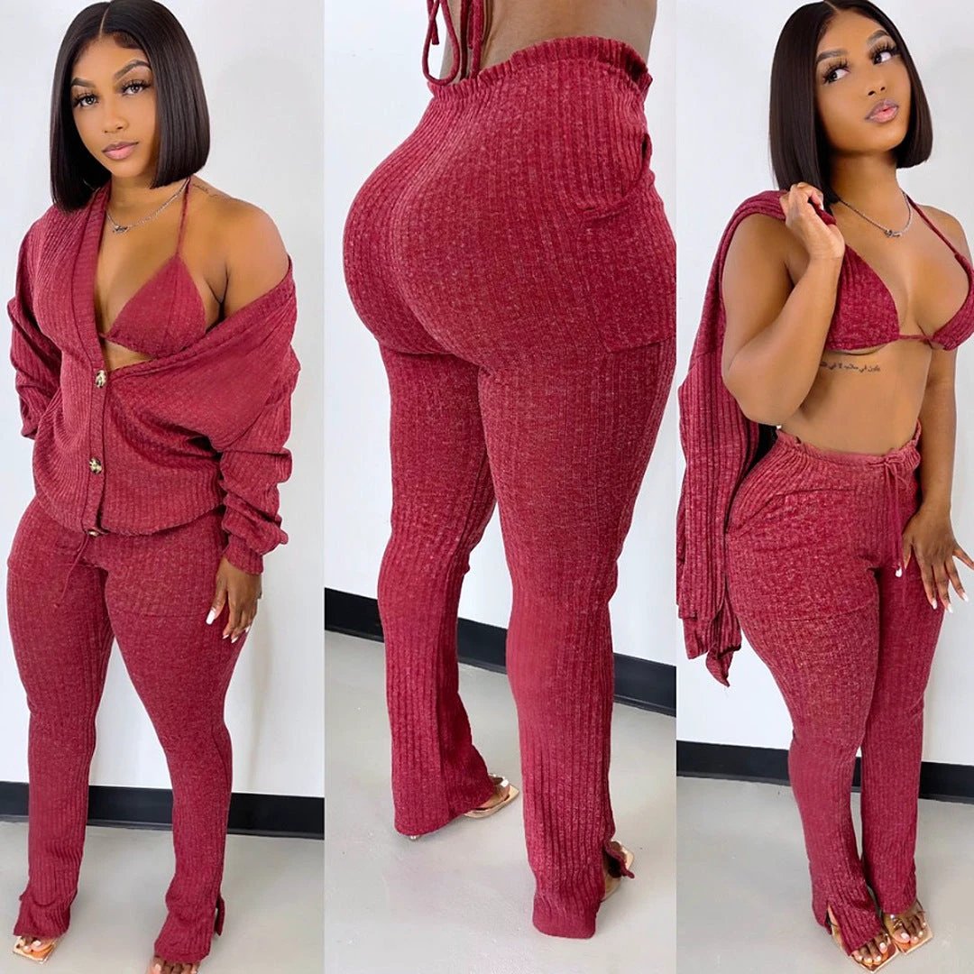 Sweater Coat Underwear Pocket 3-piece Set Suit by GJG Denim