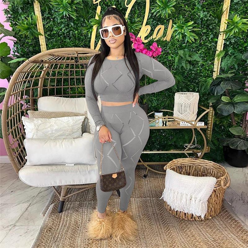 Women's Hollow-out Ripped High Waist Tight Pants Casual Sports Suit by GJG Denim