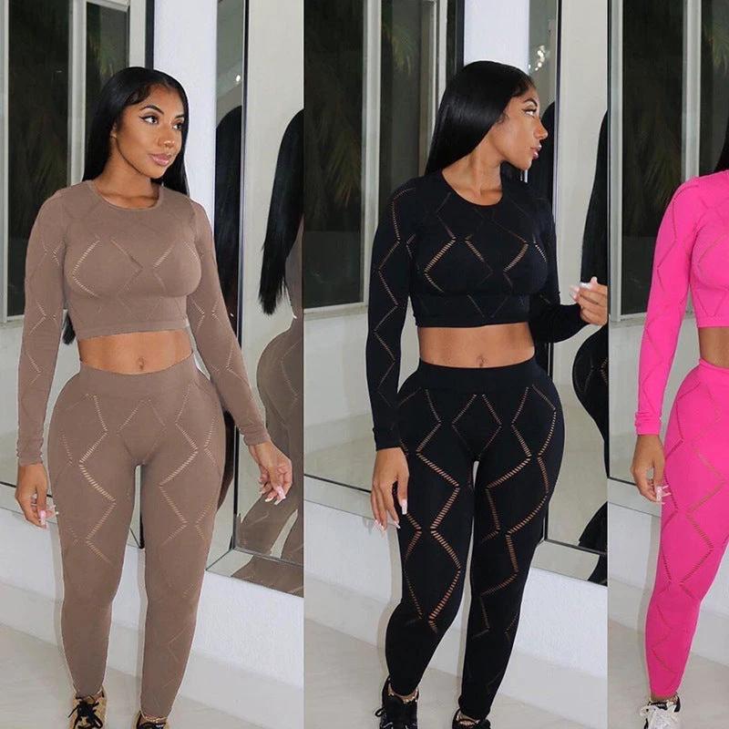 Women's Hollow-out Ripped High Waist Tight Pants Casual Sports Suit by GJG Denim