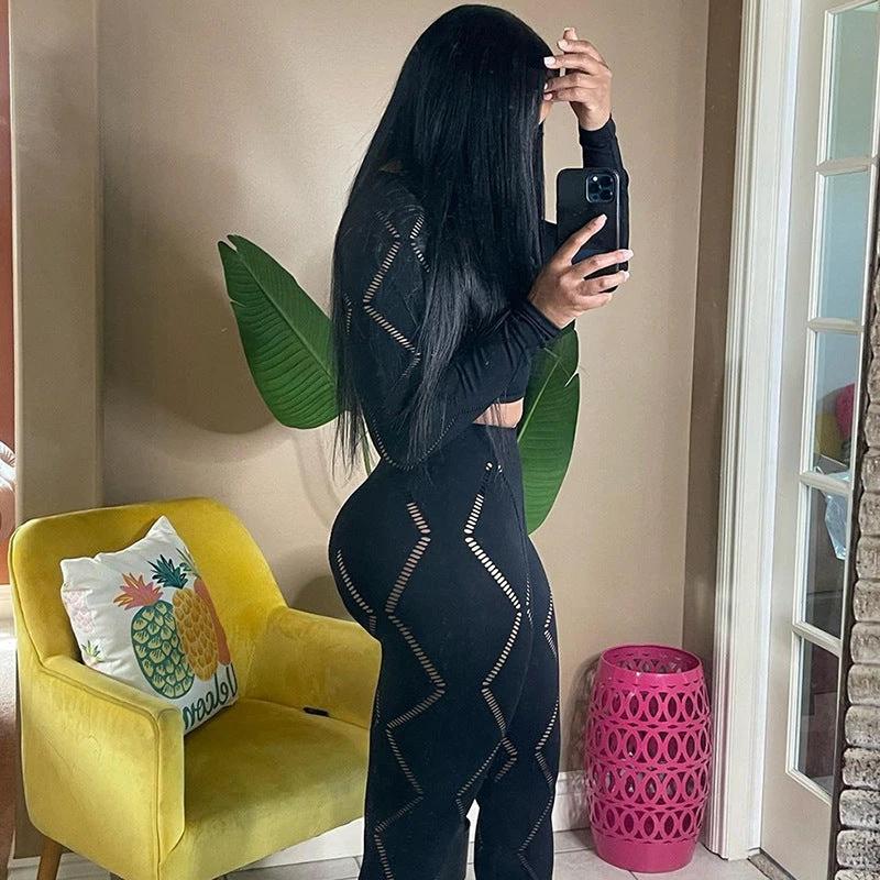 Women's Hollow-out Ripped High Waist Tight Pants Casual Sports Suit by GJG Denim