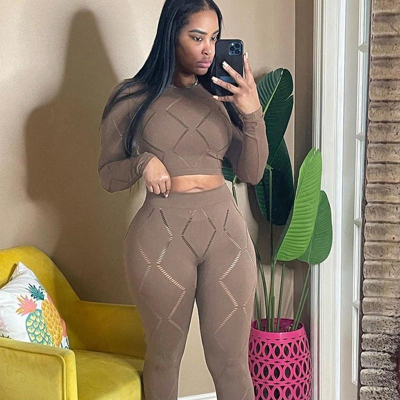 Women's Hollow-out Ripped High Waist Tight Pants Casual Sports Suit by GJG Denim
