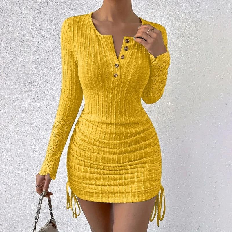 Women's Elegant Bodycon Dress - Round Neck With Button Detail, Solid Color Long Sleeve Lace Cuff & Drawstring Hem Holiday Dress by GJG Denim