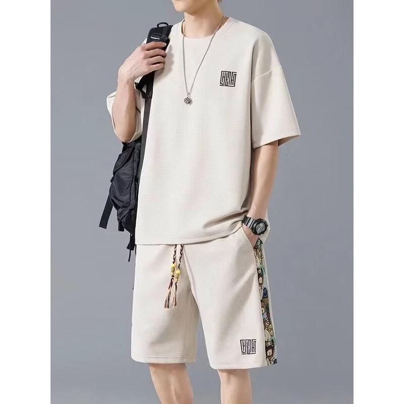 Waffle Embroidery Summer Loose All-match Short Sleeve Two-piece Set by GJG Denim