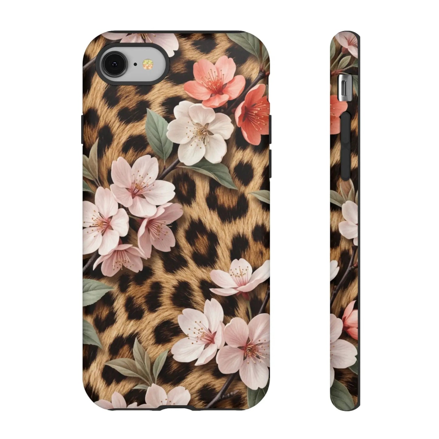 Leopard Floral Tough Case — Protective Phone Case with Pink Cherry Blossoms by Printify