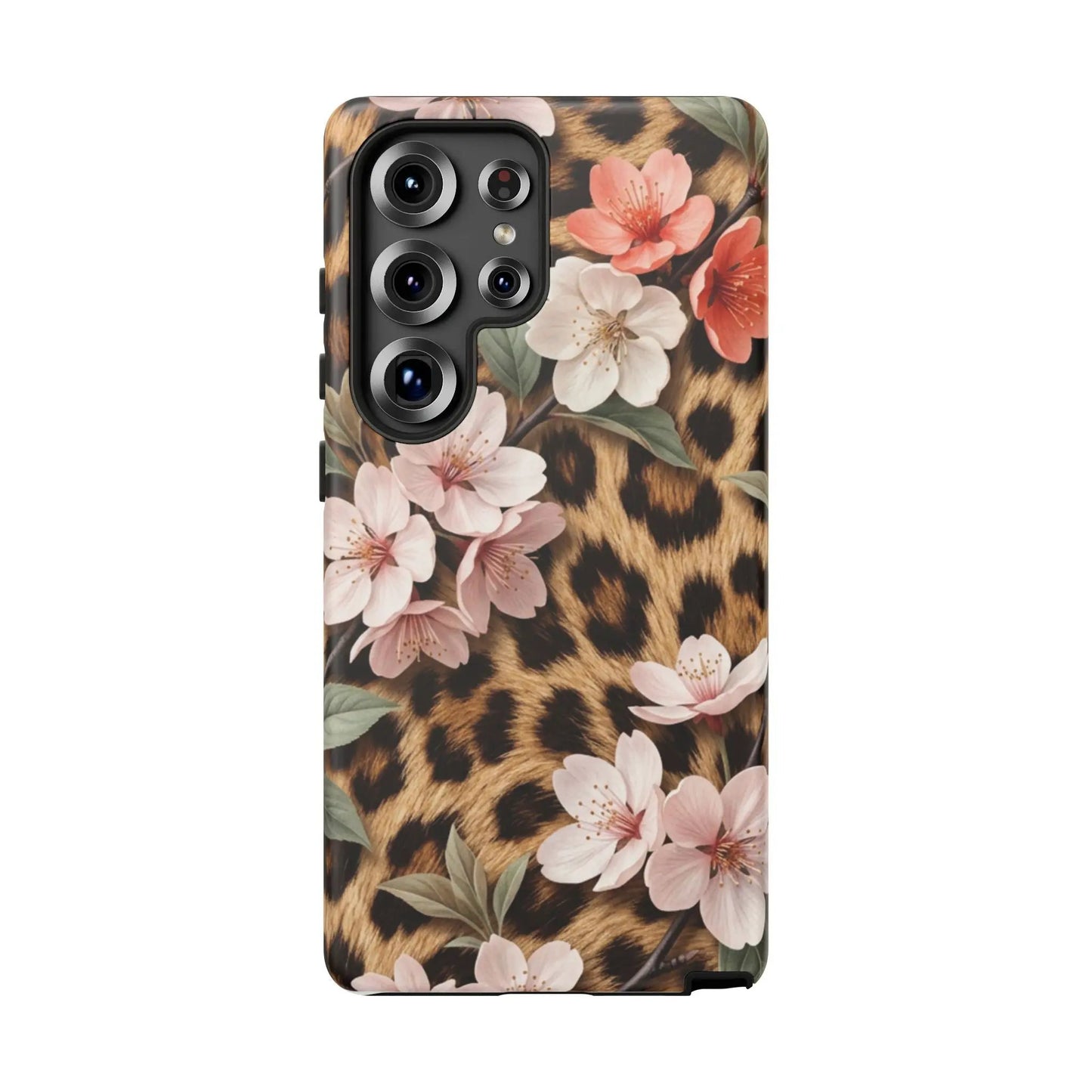 Leopard Floral Tough Case — Protective Phone Case with Pink Cherry Blossoms by Printify