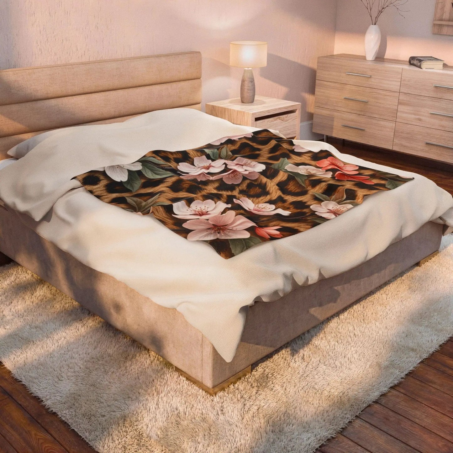 Leopard Floral Velveteen Plush Blanket — Soft Cozy Animal Print Throw by Printify