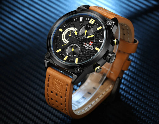Men's Leather Band Quartz Waterproof Leisure Watch by GJG Denim