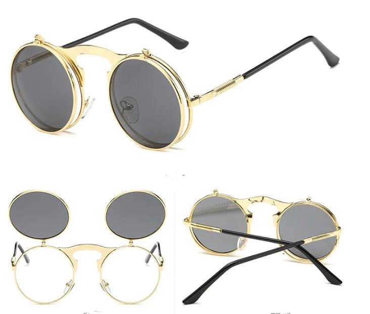 Vintage Round Steampunk Sunglasses Flip-Up UV Protection Metal Frame For Men by GJG Denim