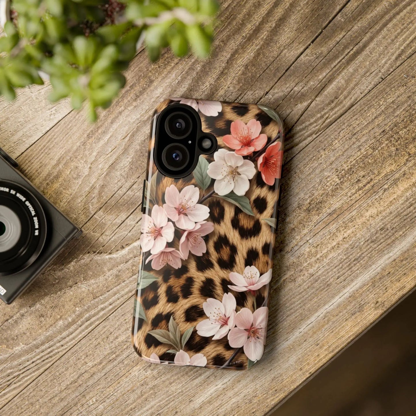 Leopard Floral Tough Case — Protective Phone Case with Pink Cherry Blossoms by Printify