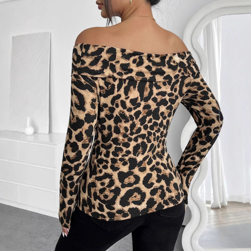 Leopard Print Off-shoulder Long Sleeve T-shirt by GJG Denim