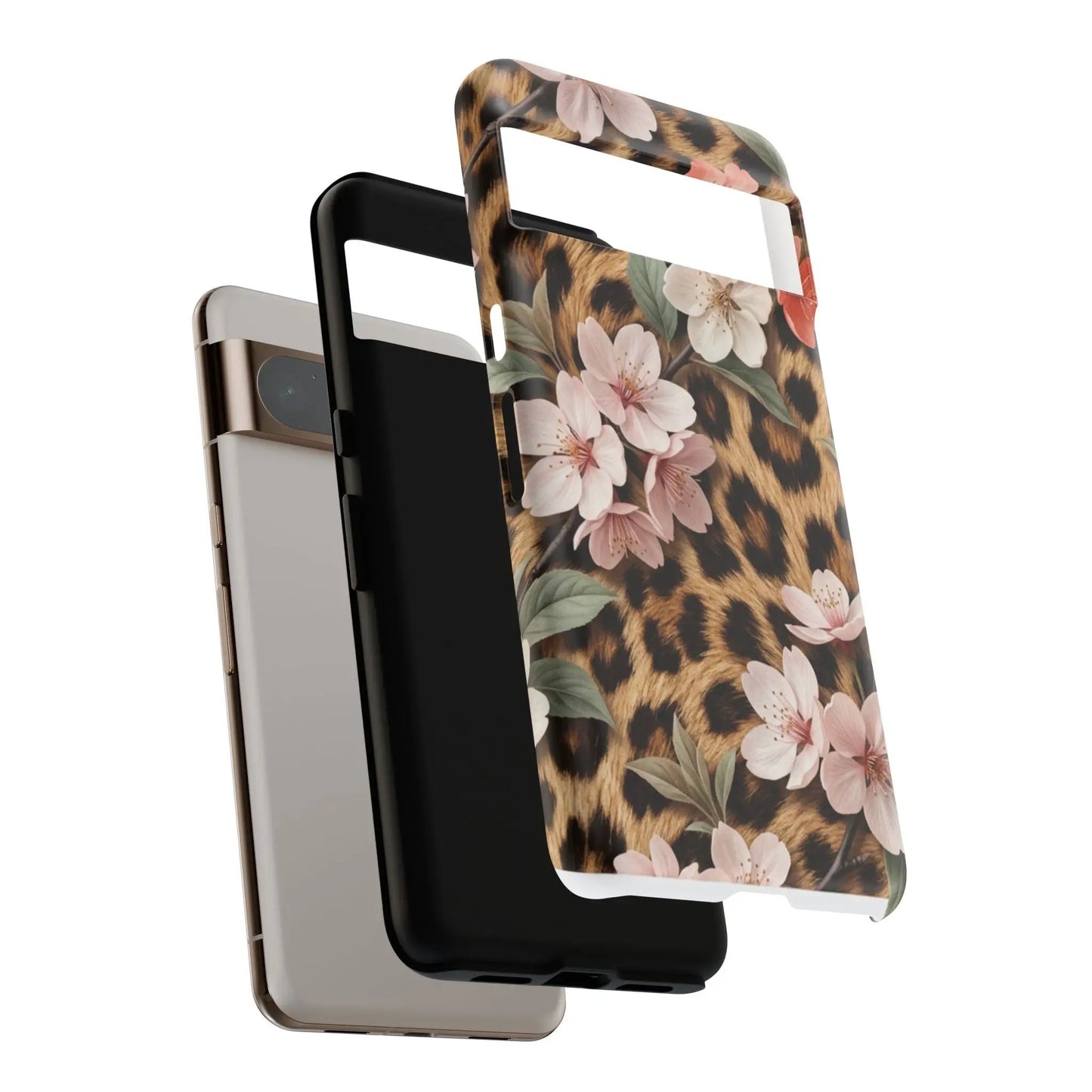 Leopard Floral Tough Case — Protective Phone Case with Pink Cherry Blossoms by Printify