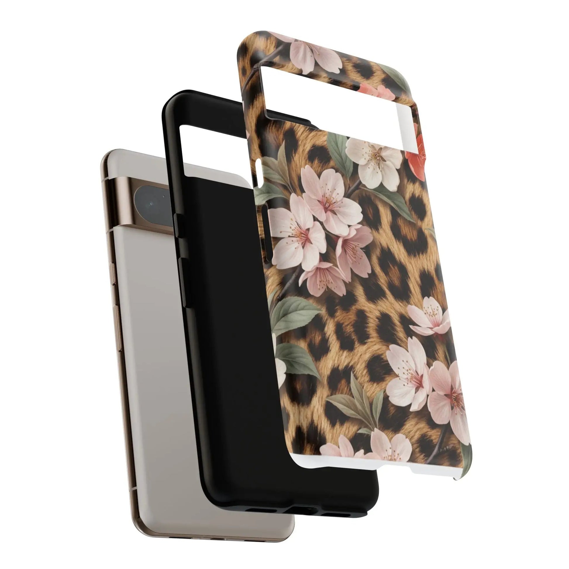 Leopard Floral Tough Case — Protective Phone Case with Pink Cherry Blossoms by Printify