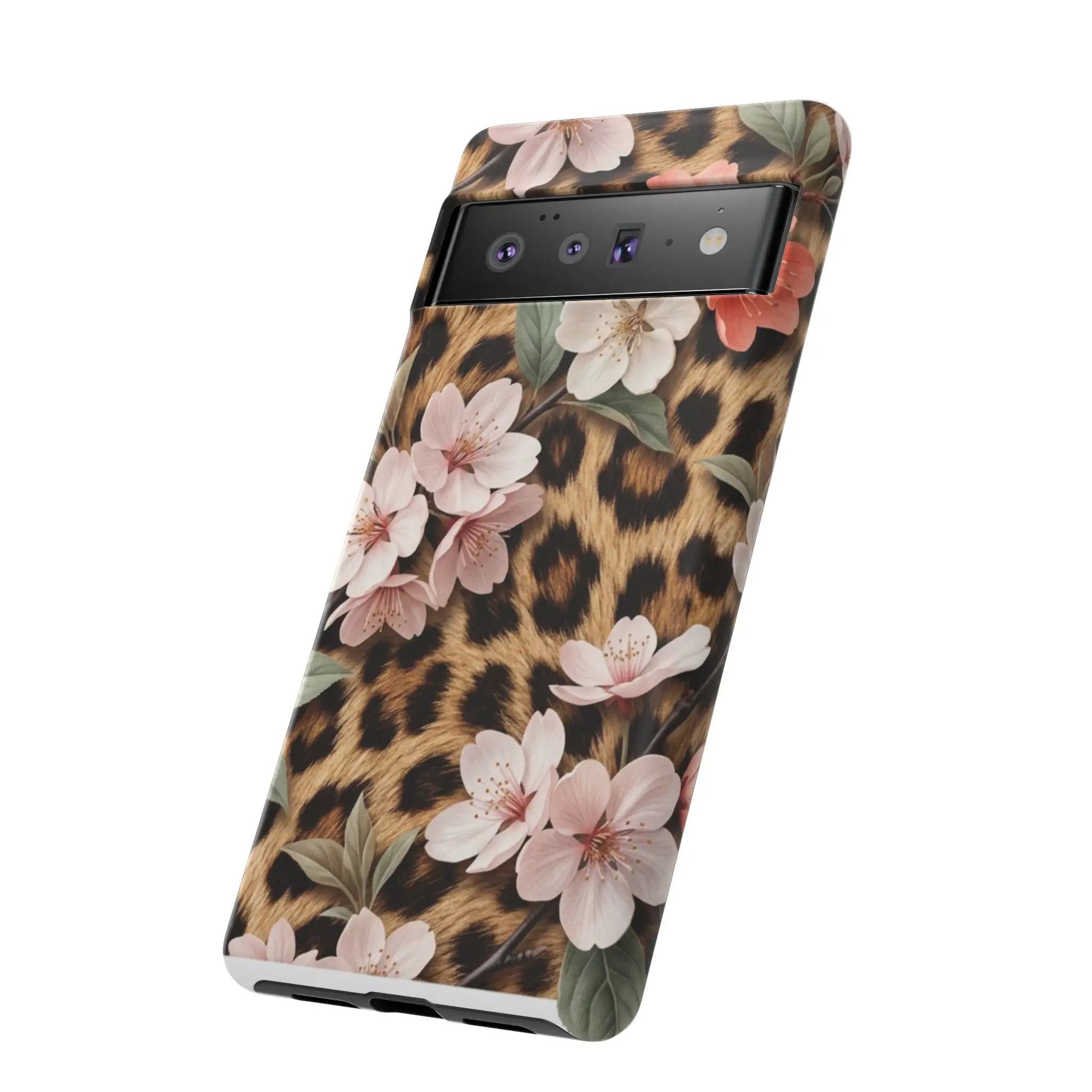 Leopard Floral Tough Case — Protective Phone Case with Pink Cherry Blossoms by Printify