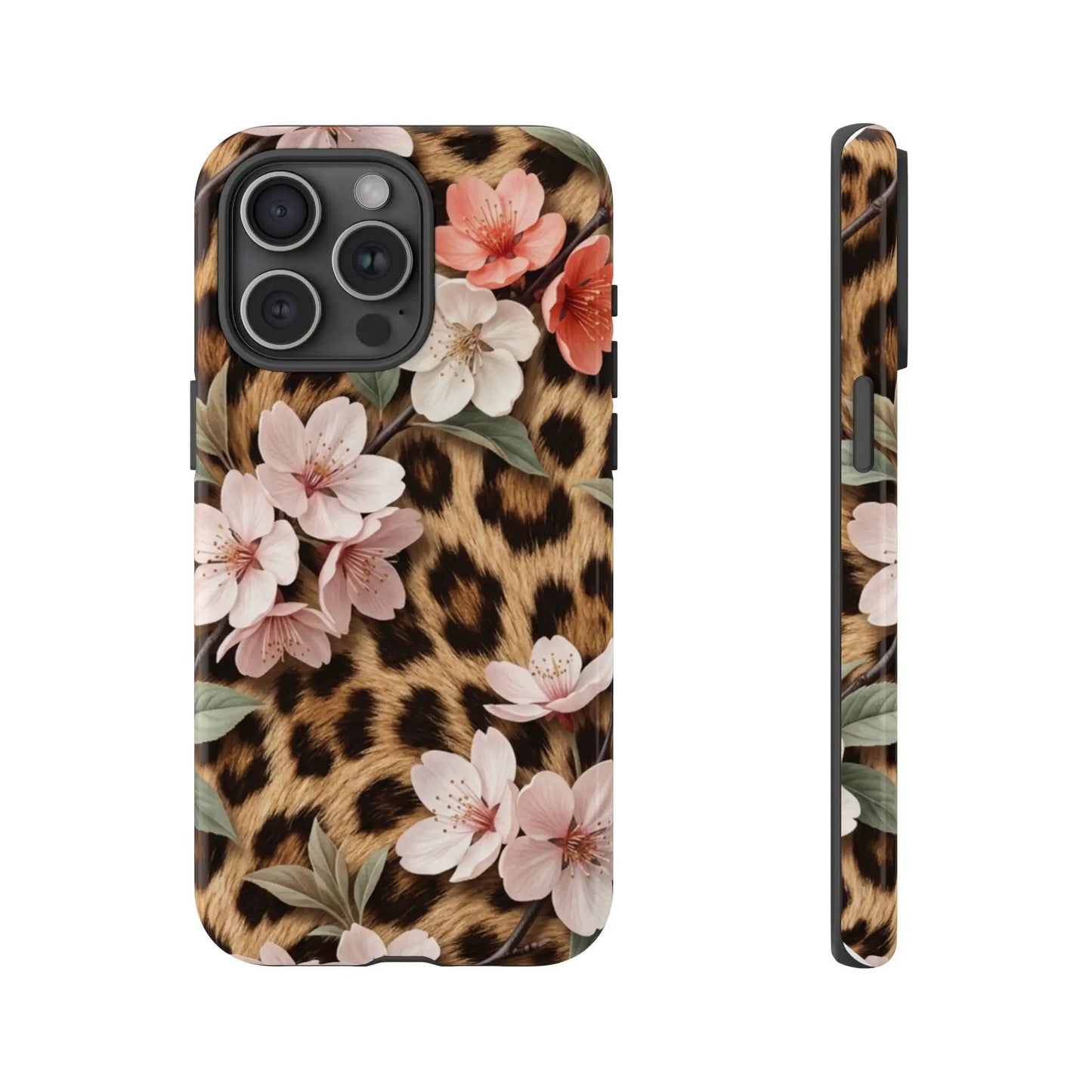 Leopard Floral Tough Case — Protective Phone Case with Pink Cherry Blossoms by Printify