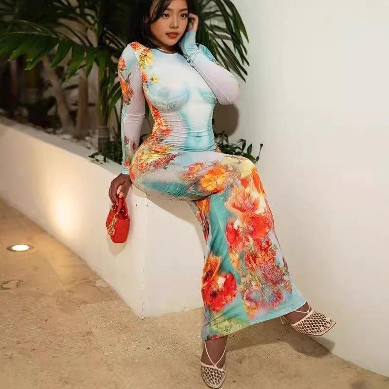 Fashion Women's Printed Wear Long Sleeve Narrow Dress by GJG Denim