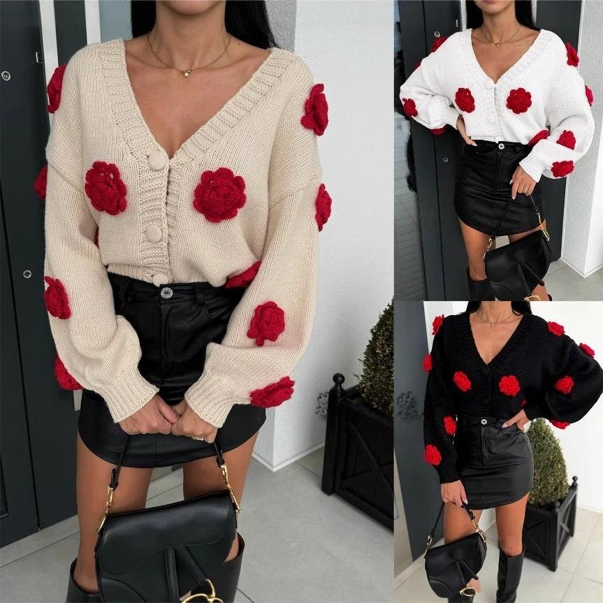 Three-dimensional Women's Flower Shape Loose V-neck Buttons Sweater by GJG Denim