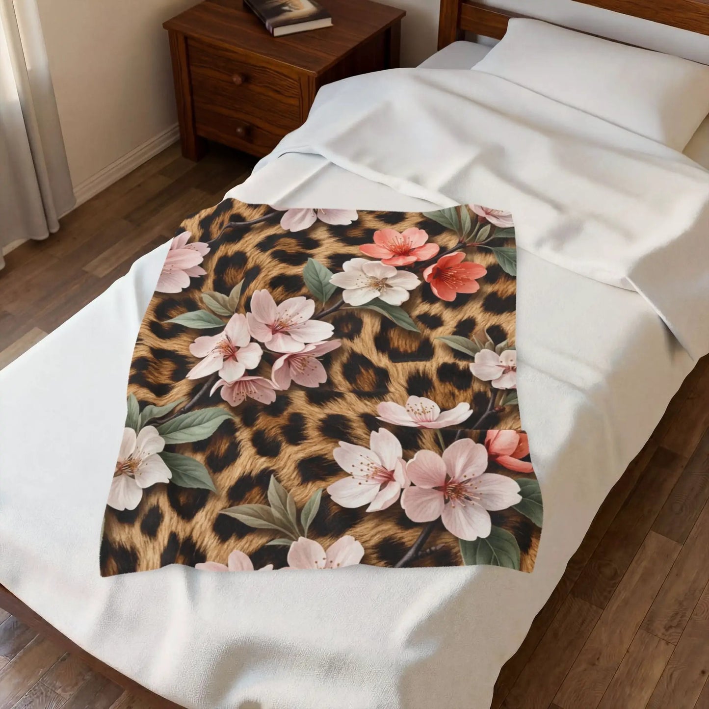 Leopard Floral Velveteen Plush Blanket — Soft Cozy Animal Print Throw by Printify