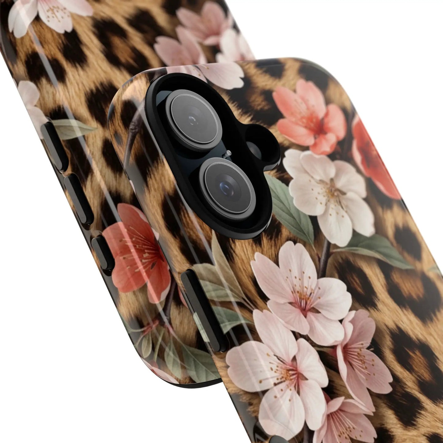 Leopard Floral Tough Case — Protective Phone Case with Pink Cherry Blossoms by Printify